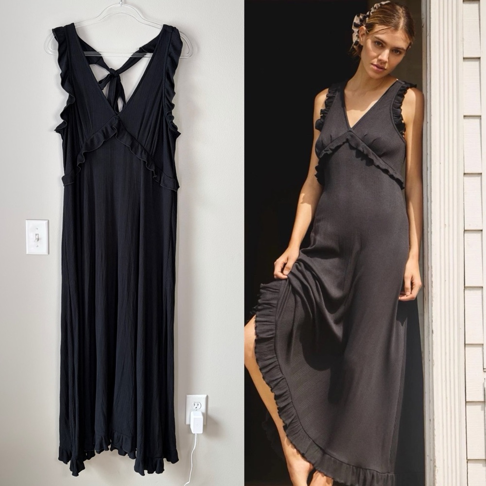 By Anthropologie Black Plunge V-Neck Ruffle A-Line Knit Dress Romantic Boho
